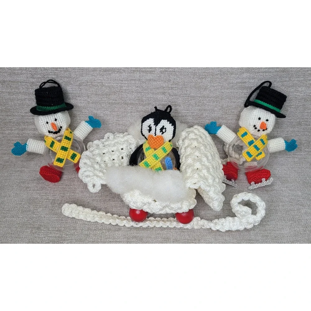 Vintage Handmade Plastic Canvas Snowman Penguin Sleigh Christmas Ornaments 4pc